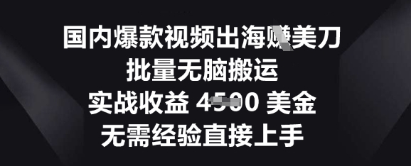 国内爆款视频出海挣美刀，批量无脑搬运，实战收益4.5k，无需经验直接上手--优久轻创